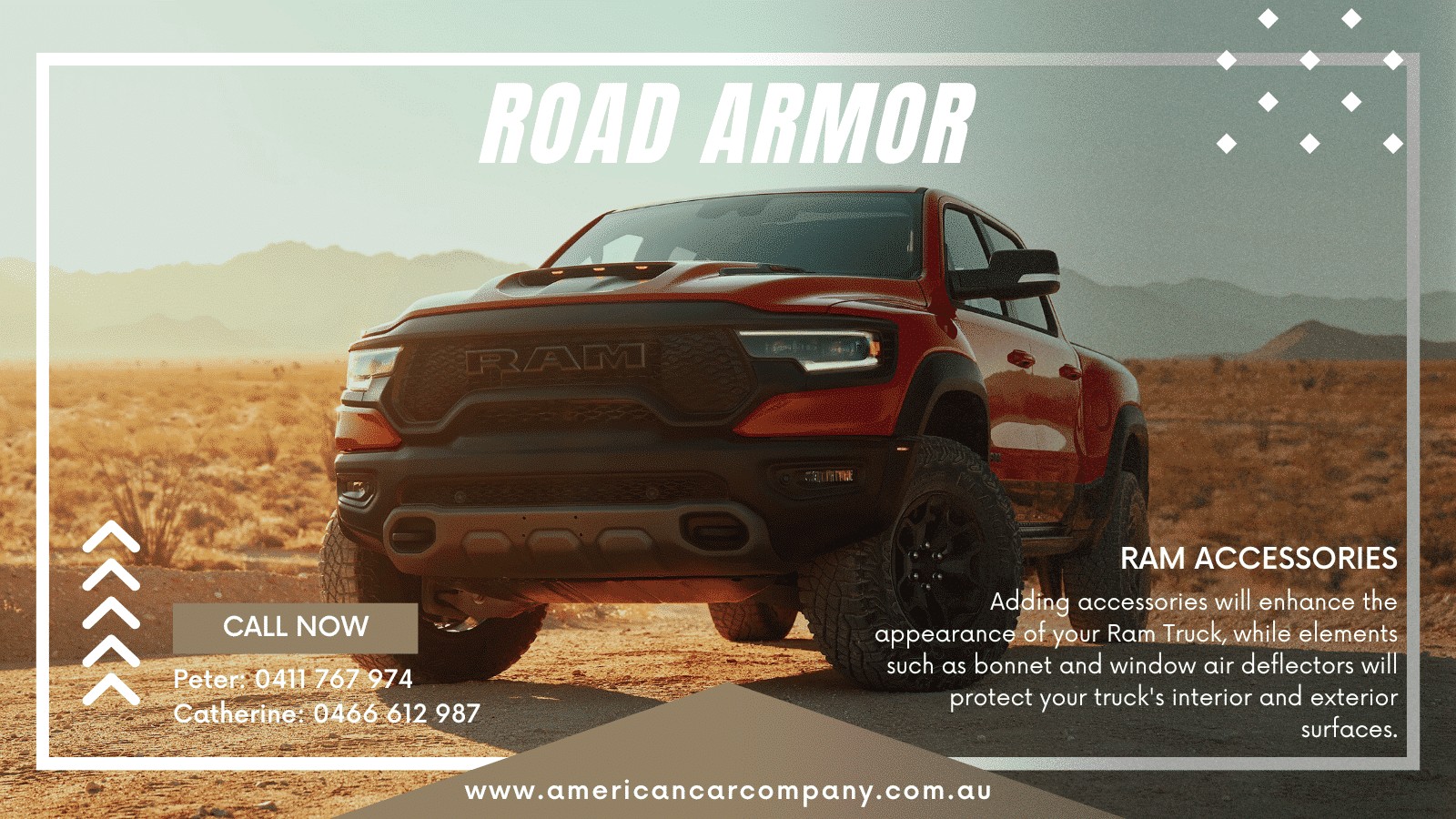 In the development of a range of accessories for any vehicle, individuality, protection, and functionality are the key design pillars. Adding accessories will enhance the appearance of your Ram Truck, while elements such as bonnet and window air deflectors will protect your truck's interior and exterior surfaces.